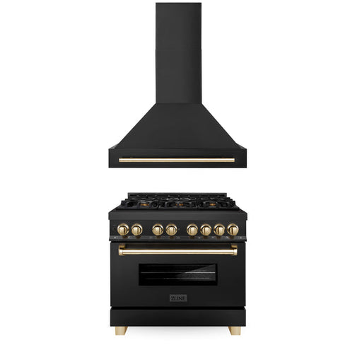 ZLINE 36" Autograph Edition Kitchen Package with Black Stainless Steel Dual Fuel Range and Range Hood with Gold Accents (2AKP-RABRH36-G)