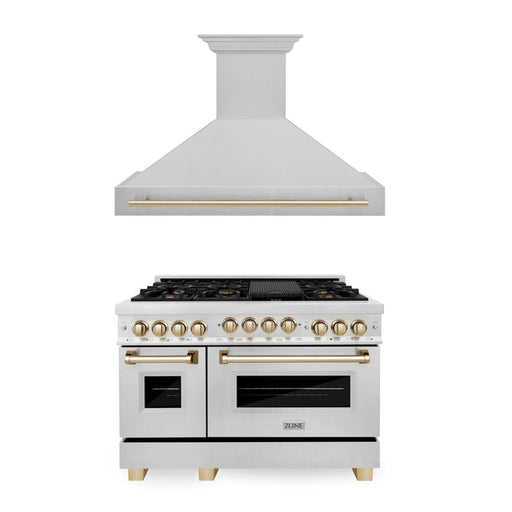 ZLINE 48" Autograph Edition Kitchen Package with DuraSnow Stainless Steel Gas Range and Range Hood with Gold Accents (2AKPR-RGSRH48-G)