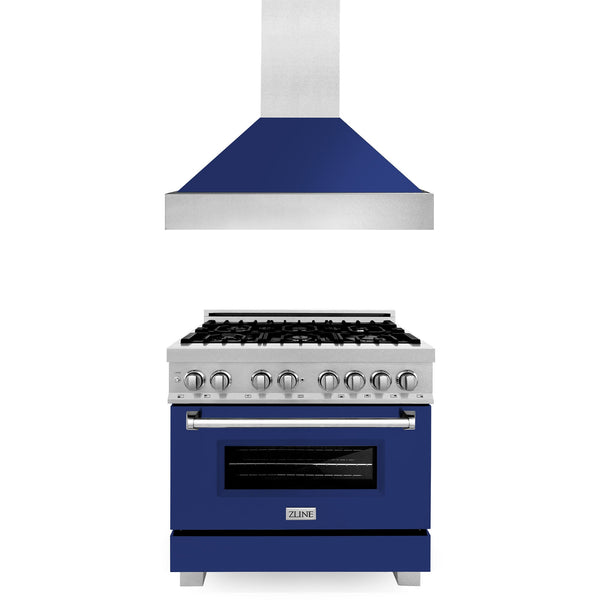 ZLINE 36 in. Kitchen Package with DuraSnow Stainless Steel Dual Fuel Range with Blue Gloss Door and Convertible Vent Range Hood (2KP-RASBGRH36)