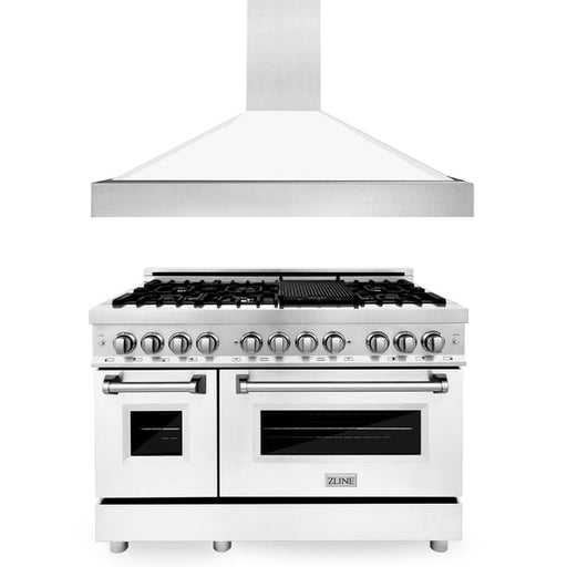 ZLINE 48 in. Kitchen Package with Stainless Steel Dual Fuel Range with White Matte Door and Convertible Vent Range Hood (2KP-RAWMRH48)