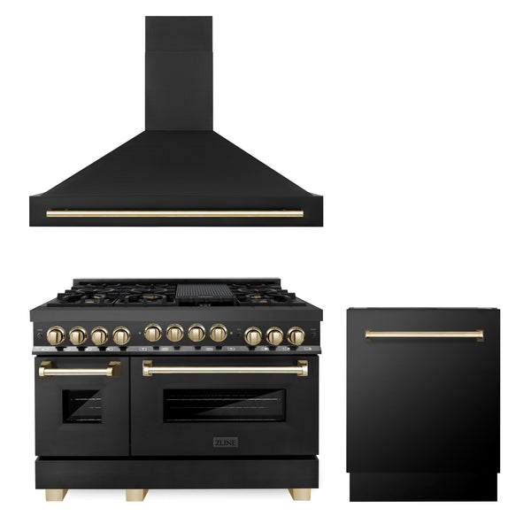 ZLINE 48" Autograph Edition Kitchen Package with Black Stainless Steel Gas Range, Range Hood and Dishwasher with Gold Accents (3AKPR-RGBRHDWV48-G)