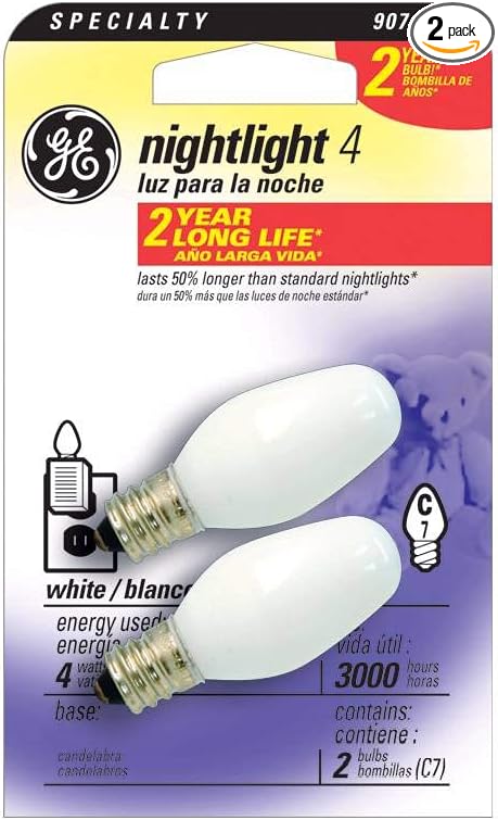 GE 16001 Night Light Long Life C7 Bulb, White, 4-Watt, 2-Pack