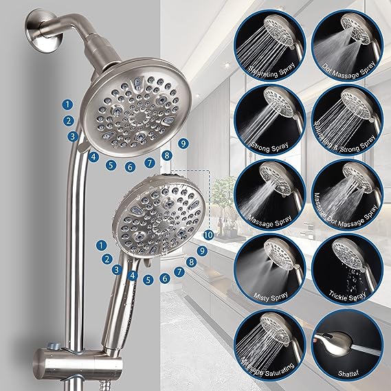 High Pressure Handheld/Rain 82-mode 3-way Shower Head Combo with 25.75" Adjustable Drill-free Stainless Steel Slide Bar, Pet & Tub Power Wash and Anti-clog Nozzles, with 5ft Hose - Brush Nickel