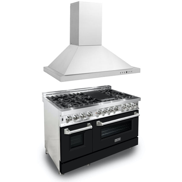 ZLINE 48 in. Kitchen Package with Stainless Steel Dual Fuel Range with Black Matte Door and Convertible Vent Range Hood (2KP-RABLMRH48)
