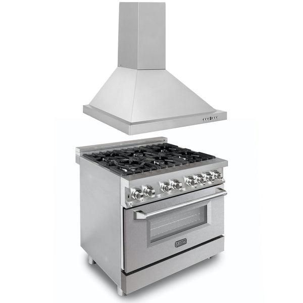 ZLINE 36 in. Kitchen Package with Stainless Steel Dual Fuel Range with DuraSnow Door and Convertible Vent Range Hood (2KP-RASNRH36)