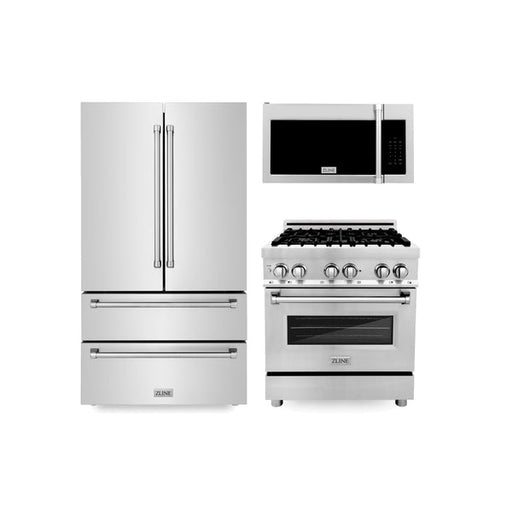 ZLINE Kitchen Package with Stainless Steel Refrigeration, 30 in. Dual Fuel Range and Traditional Over the Range Microwave (3KPR-RAOTRH30)