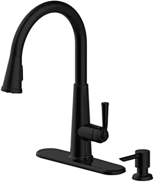 allen + roth Matte Black Pull-Down Handle Kitchen Faucet with Soap Dispenser (Deck Plate Included)