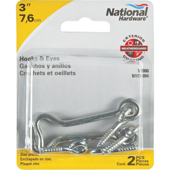 National Hardware N117-994 V2000 Hooks & Eyes in Zinc plated, 2 pack,3 Inch