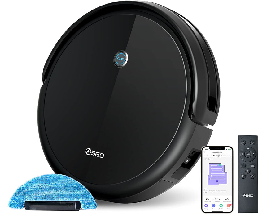 360 C50 Robot Vacuum and Mop, 2600 Pa, Zigzag Cleaning, Scheduled Cleaning, Edge, Spot, Deep Cleaning, Compatible with Alexa and Google Assistant, Black