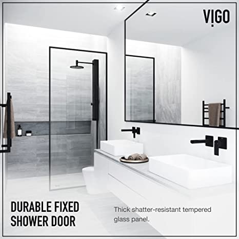 VIGO Zenith Fixed Glass Shower Wall Panels | Framed Tempered Shower Glass Panel for Open Walk-in Bathroom (3" L x 34.125" W x 74" H) | Clear Glass Shower Panel with Matte Black Hardware Finish