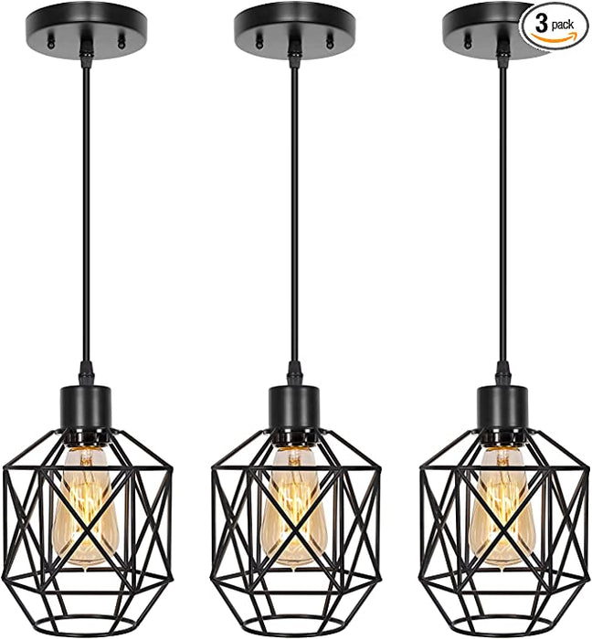 Industrial Pendant Lighting 3 Pack, Adjustable Hanging Light Fixtures with Geometric Metal Shade and Black Finish, Farmhouse Pendant Light with E26 Base for Kitchen Island, Living Room, Bar, Hallway