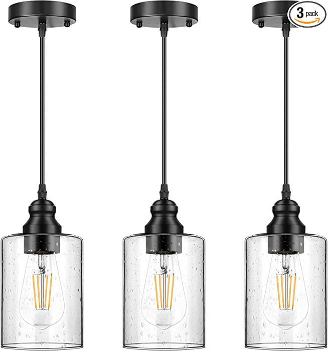 ShineTech 3-Pack Industrial Pendant Lights, Seeded Glass Pendant Lamp Shade, Modern Indoor Hanging Light Fixtures, Black Farmhouse Ceiling Light for Hallway Porch Kitchen Bedroom, Bulb Not Included