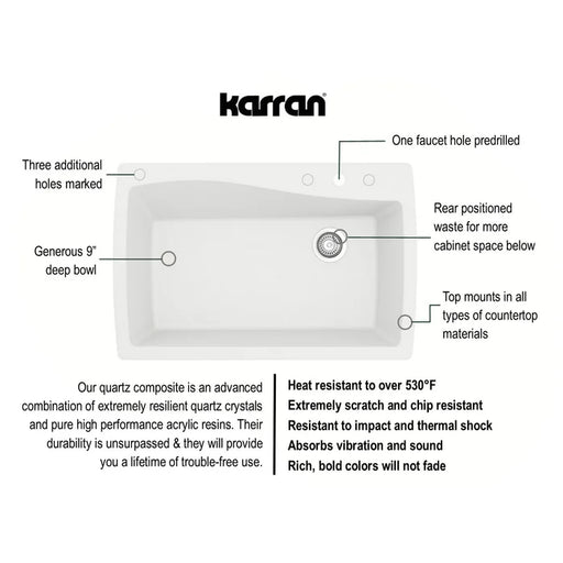 Karran Drop-In 34-in x 22-in White Single Bowl 1-Hole Kitchen Sink