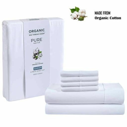 Organic 300 Thread Count Pure Earth King 6pc sheet set 100% Cotton (White)