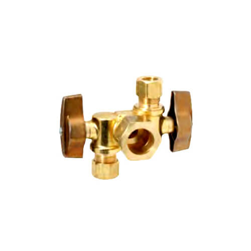 1/2" Nom Comp. (5/8" OD) x 3/8" OD Comp. Dual Outlet Angle Ball Stop Valve, Lead Free (Rough Brass)