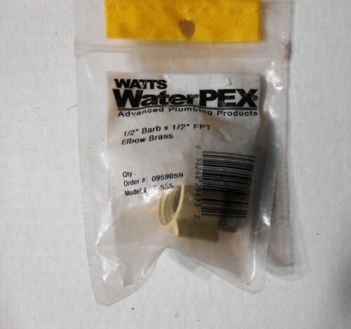 Watts WaterPex ½" Barb x ½" FPT Elbow Brass. Model #P535