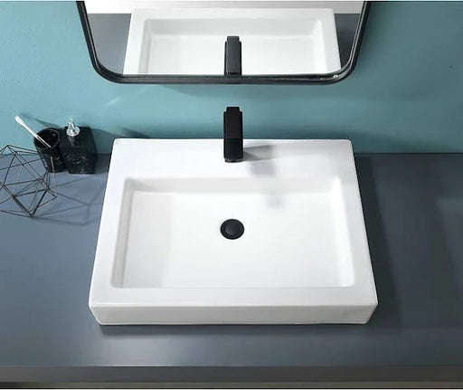 VALISY 24 x18 Inch Modern Above Counter Porcelain Ceramic White Rectangle Bathroom Vessel Sink, Vanity Lavatory Bath Countertop Art Basin Sinks with Single Faucet Hole