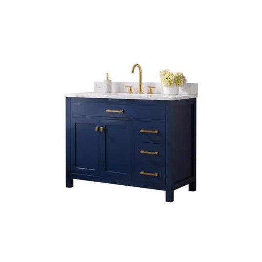 SUDIO Jasper 42 in. W x 22 in. D Bath Vanity in Navy Blue with Engineered Stone Vanity Top in Carrara White with White Basin