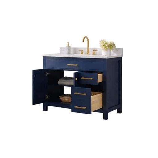 SUDIO Jasper 42 in. W x 22 in. D Bath Vanity in Navy Blue with Engineered Stone Vanity Top in Carrara White with White Basin